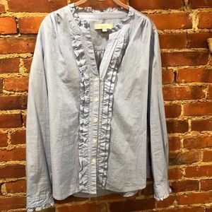 LOFT Light blue button down ruffle shirt (large)